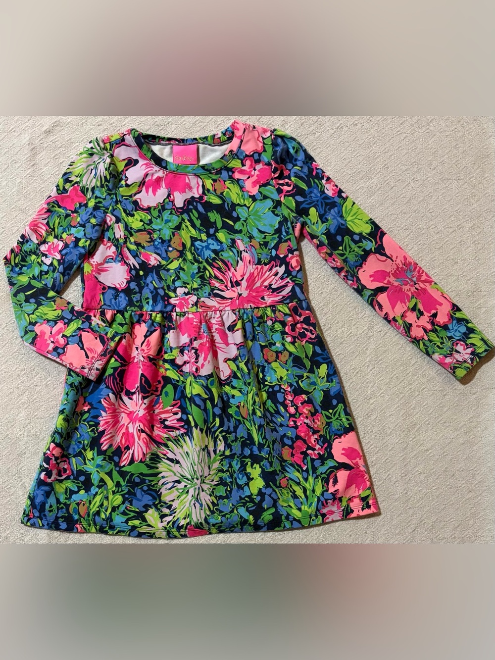 Lilly Pulitzer Navy Floral Long-Sleeve Dress with Pink & Green Flowers
